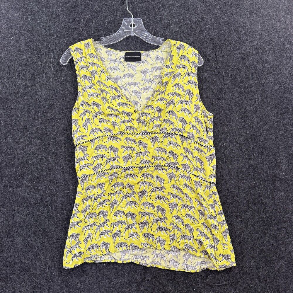 Atos Lombardini Blouse Women's 44 Yellow Leopard Print V Neck Sleeveless Tunic